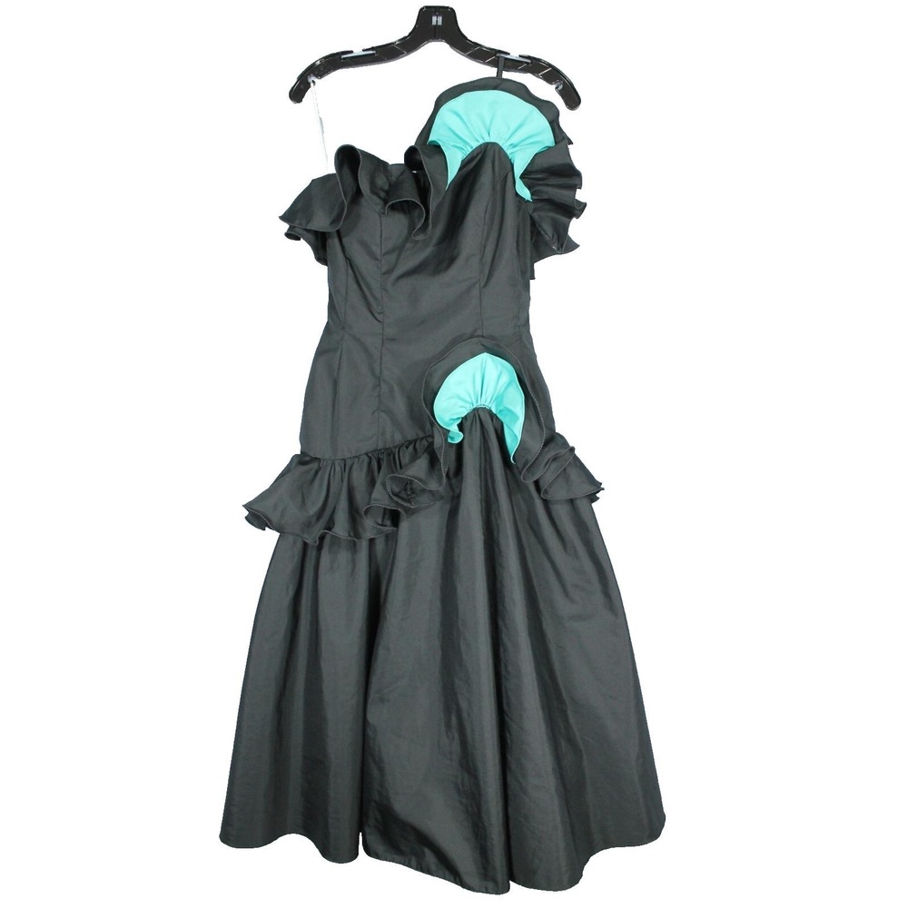 Vtg Mike Benet Black/Aqua TAFFETA 1-Shoulder RUFFLE Prom/Party Dress (8) XXS